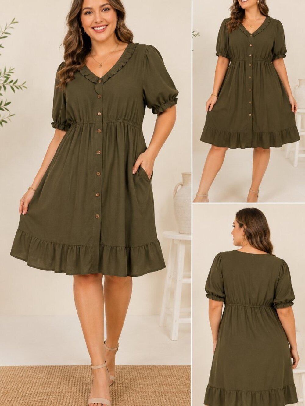 Women's 2X Olive Green Babydoll Dress V Neck Puff Sleeve Boho Plus Size.
